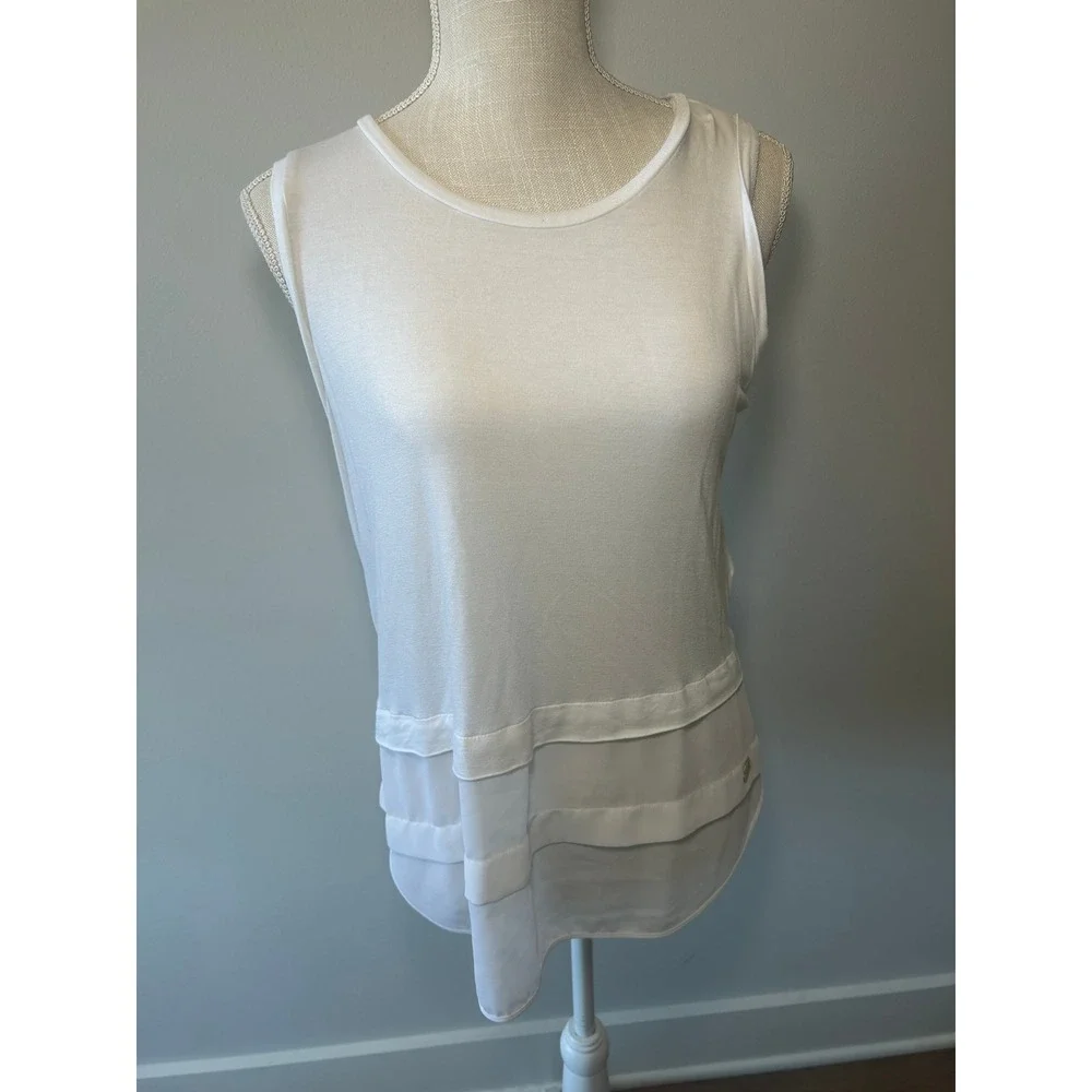 Michael Kors Tank Top Womens M White Tiered Layered Hem Sleeveless Logo Knit